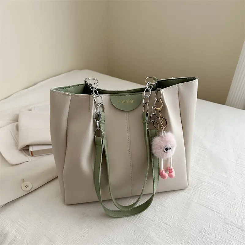 Women's Large Capacity Shoulder Bag with Green Strap - Image 3