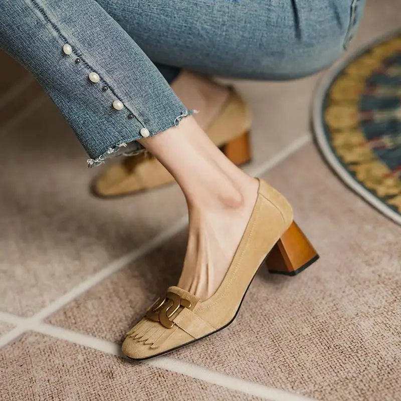 Women's Beige Leather Heel Mules with Buckle