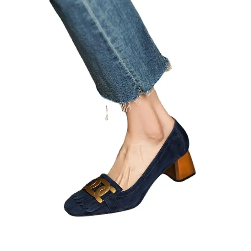 Women's Beige Leather Heel Mules with Buckle