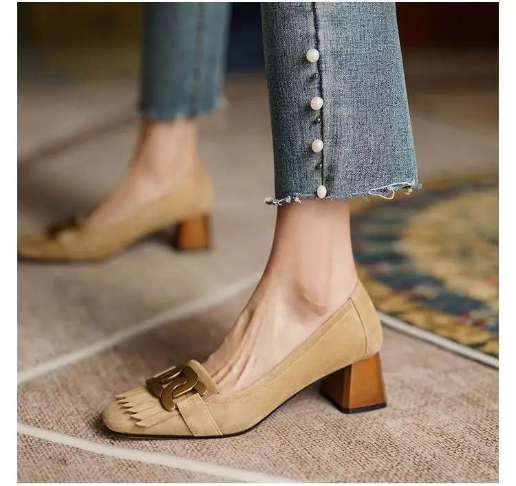 Women's Beige Leather Heel Mules with Buckle — feature 6