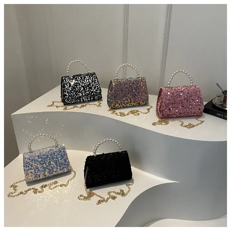 Women's Sequin Handbag with Pearl Handle - Image 6