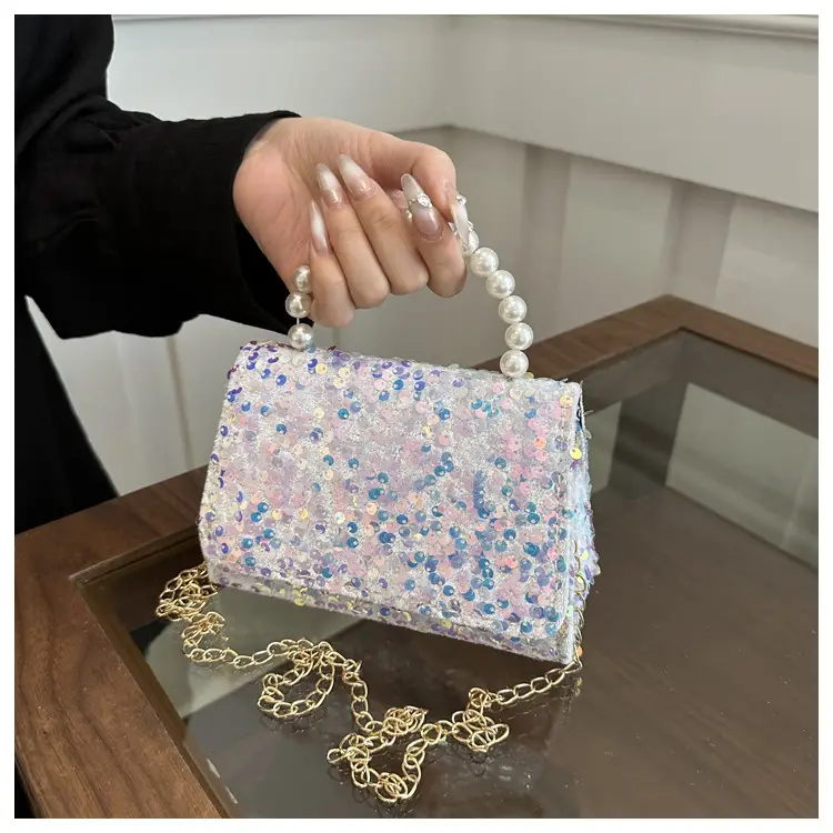 Women's Sequin Handbag with Pearl Handle - Image 7