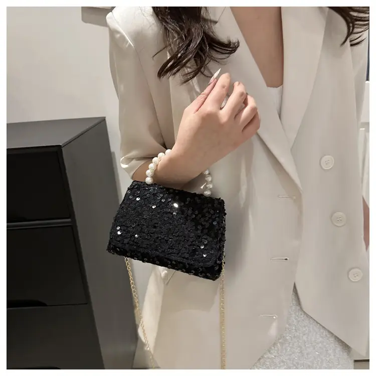 Women's Sequin Handbag with Pearl Handle - Image 8