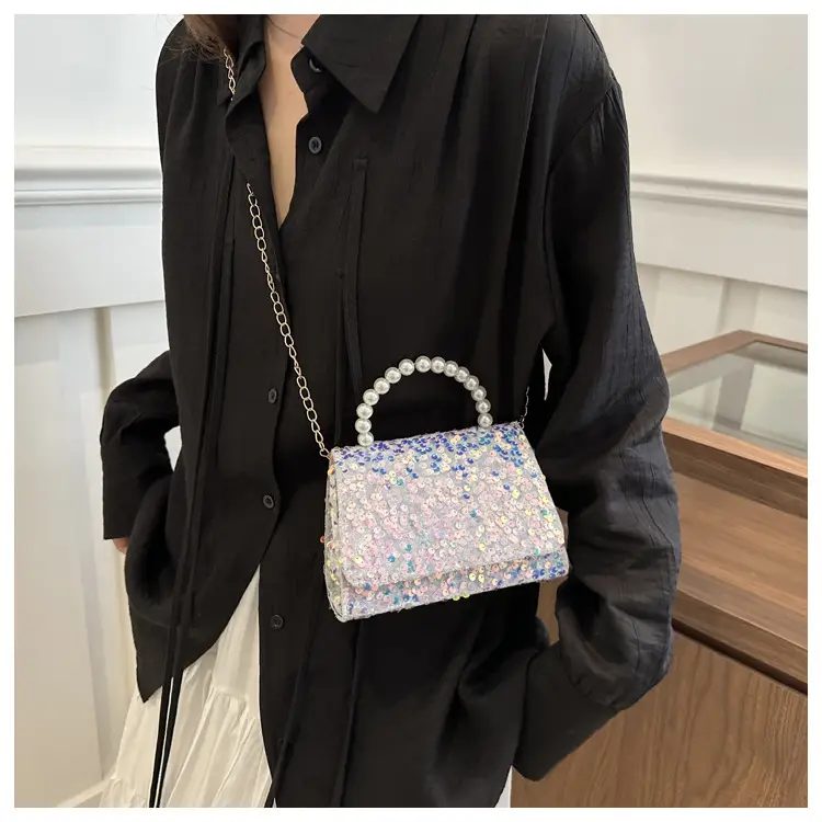 Women's Sequin Handbag with Pearl Handle - Image 9