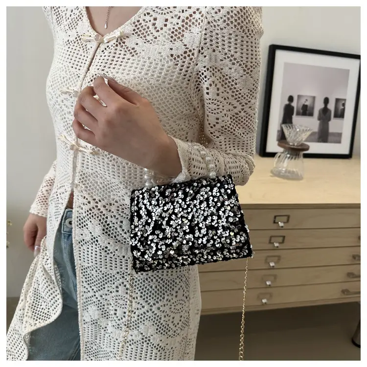 Women's Sequin Handbag with Pearl Handle — feature 19