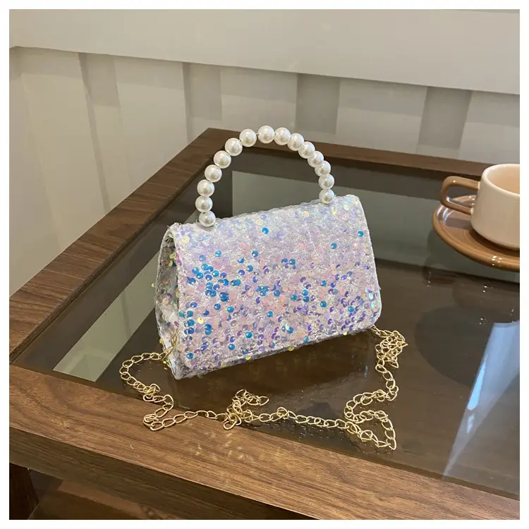 Women's Sequin Handbag with Pearl Handle - Image 2