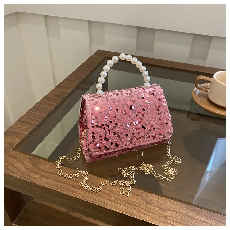 Women's Sequin Handbag with Pearl Handle - Image 3