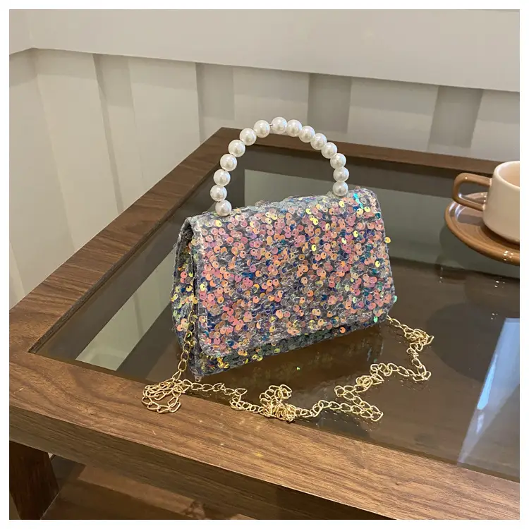 Women's Sequin Handbag with Pearl Handle - Image 4