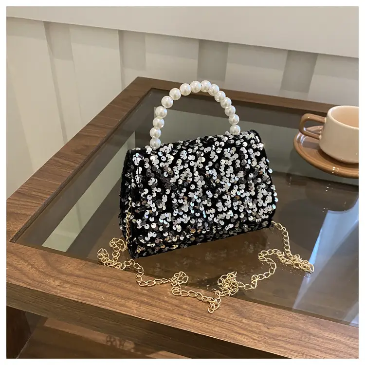 Women's Sequin Handbag with Pearl Handle - Image 5