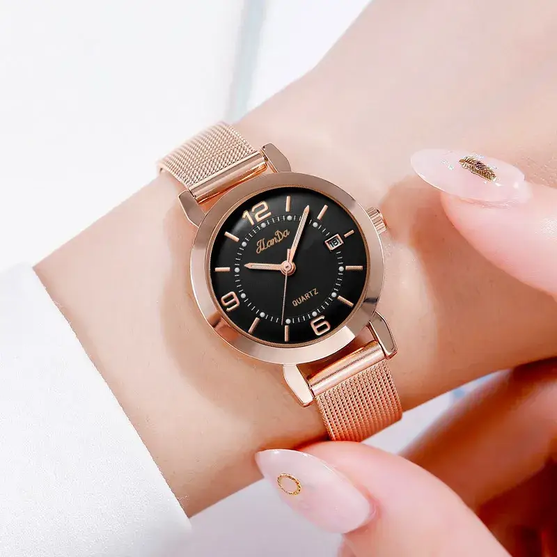 Luxury Rose Gold Women's Watch with Black Dial