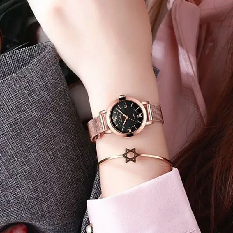 Luxury Rose Gold Women's Watch with Black Dial