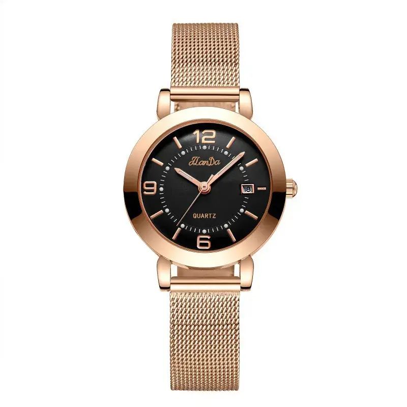 Luxury Rose Gold Women's Watch with Black Dial