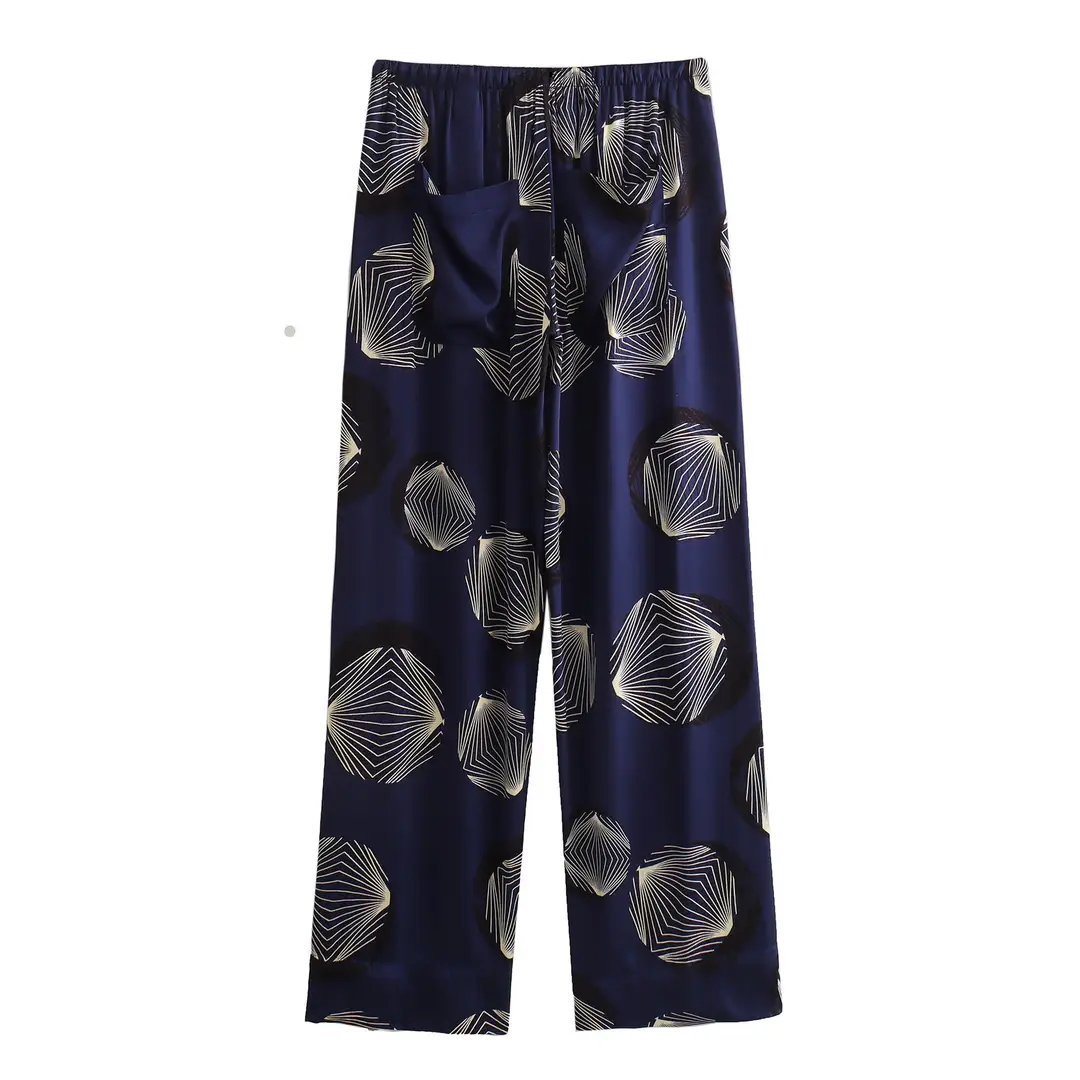Foreign trade 2024 spring new women's European and American style silk satin texture printed shirt casual pants suit 2902066 — feature 7