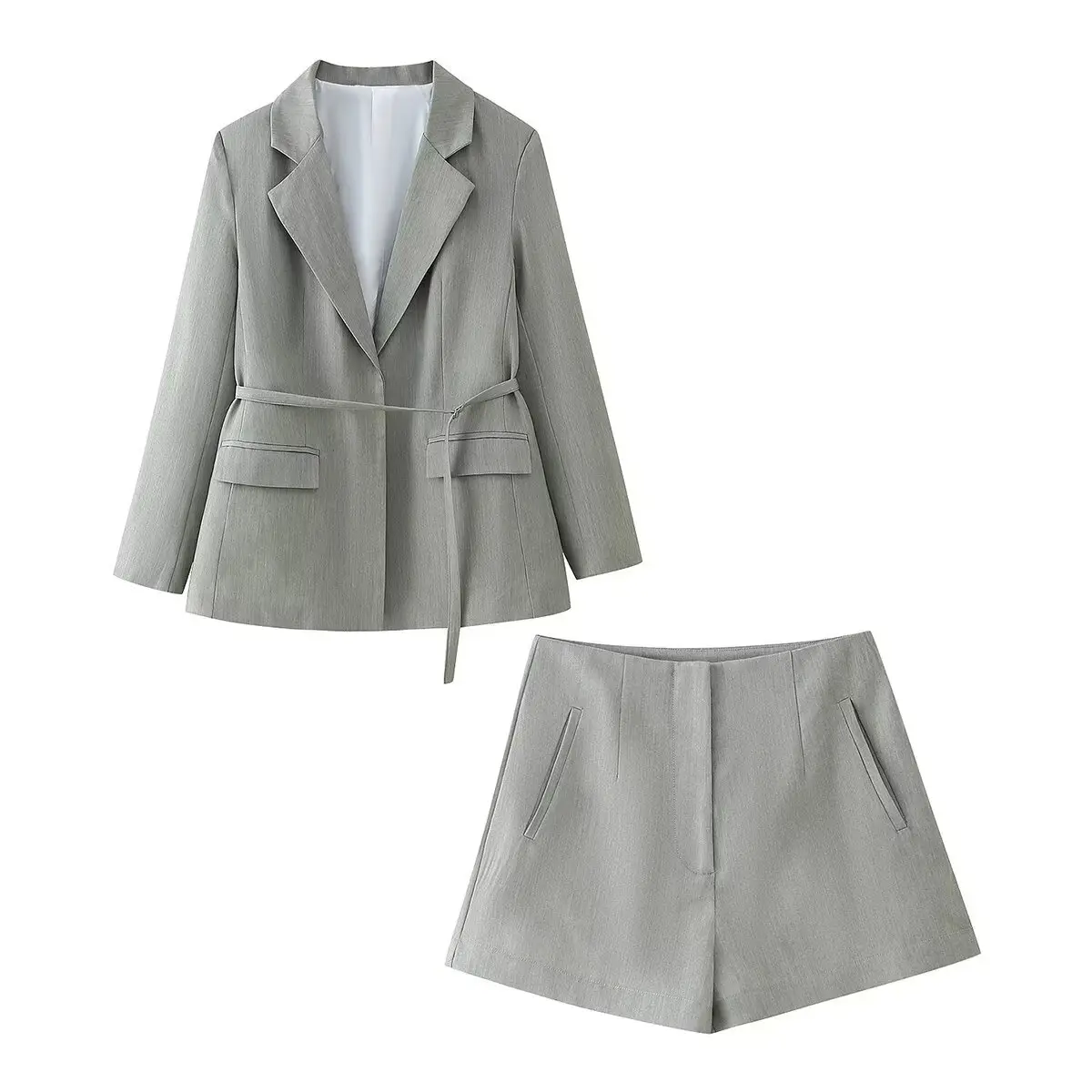 Women 2-Piece Grey Belted Suit Jacket & Shorts Set - Image 5