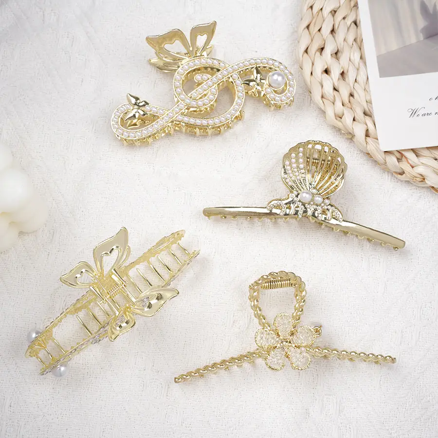 Gold Korean Rhinestone Hairpin Clip Pearl Grab Clip