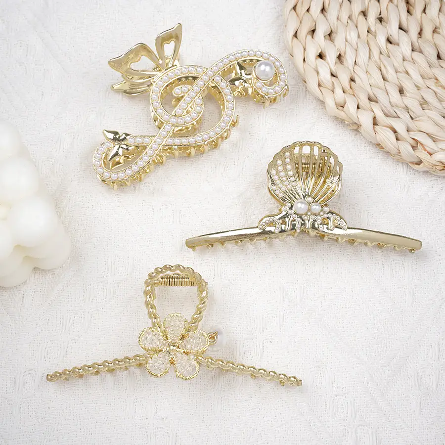 Gold Korean Rhinestone Hairpin Clip Pearl Grab Clip