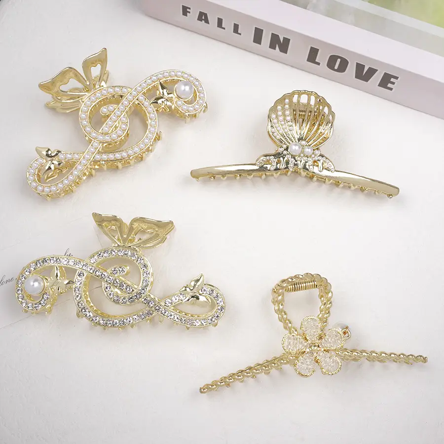 Gold Korean Rhinestone Hairpin Clip Pearl Grab Clip