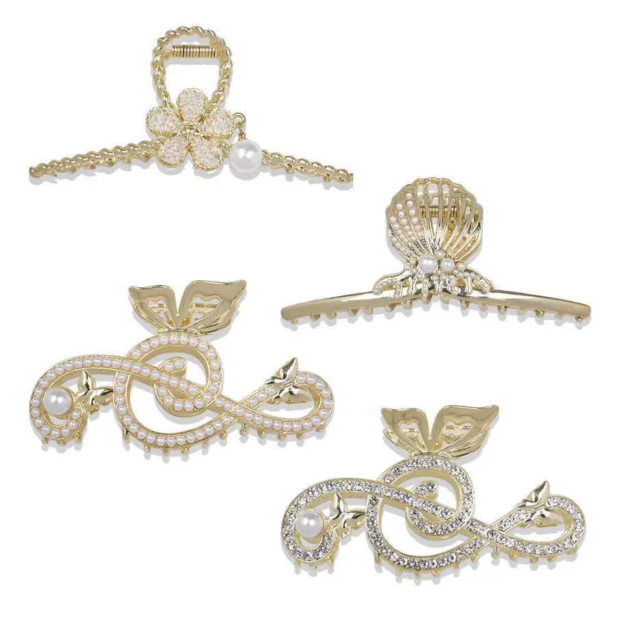 Gold Korean Rhinestone Hairpin Clip Pearl Grab Clip