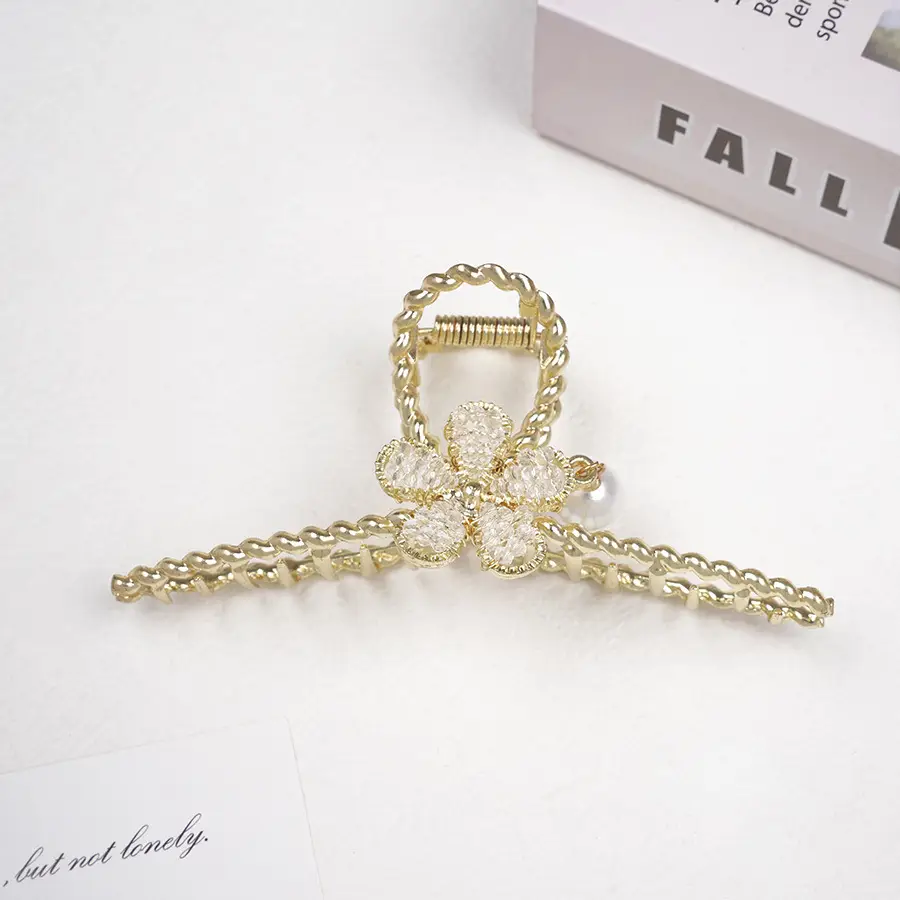 Gold Korean Rhinestone Hairpin Clip Pearl Grab Clip