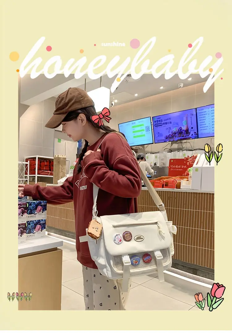 White Japanese Harajuku Crossbody Messenger Bag for College Students — feature 1