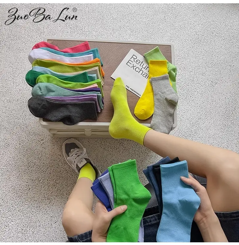 Pure cotton women's socks solid color tube socks ladies candy color color pile socks men's sports basketball socks Zhuji socks — feature 2