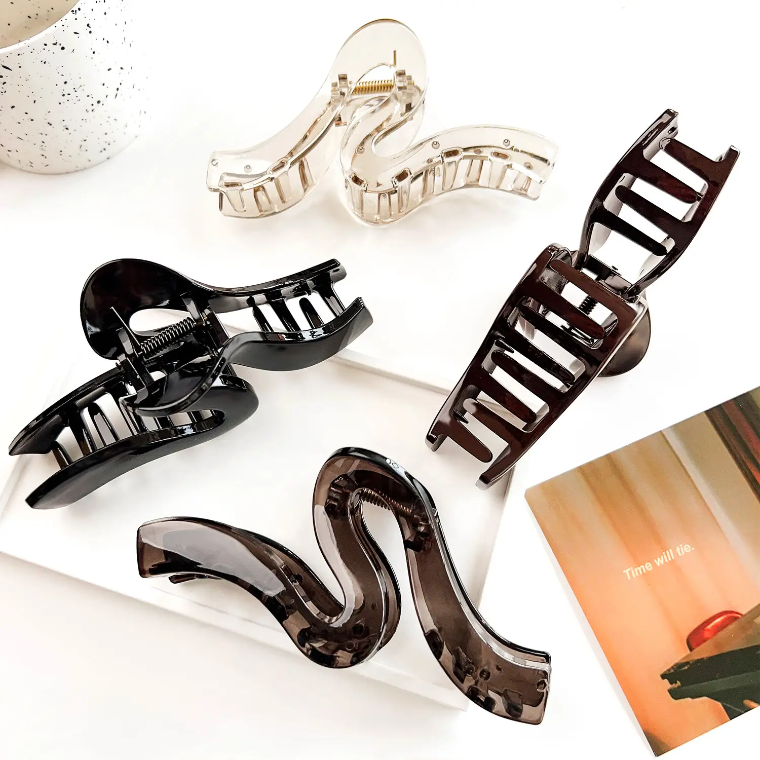 High-end Hair Clip with Elastic Closure, Black & Pink, Super Large Size — feature 12