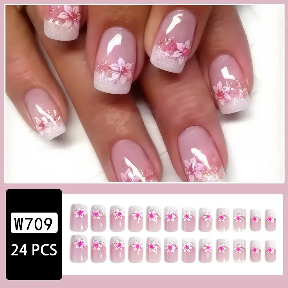 European American Square French Fake Nail Shine Rose Powder Petal Sweet Ins Wear Nails - Image 2