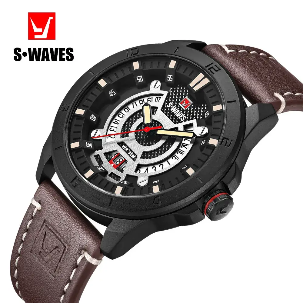 S-Waves Men's Waterproof Cross-Border Watch Brown Leather Belt - Image 7