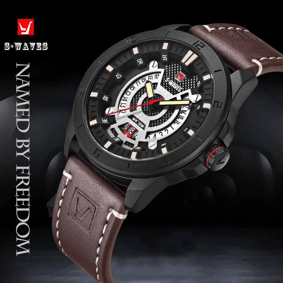S-Waves Men's Waterproof Cross-Border Watch Brown Leather Belt — feature 1