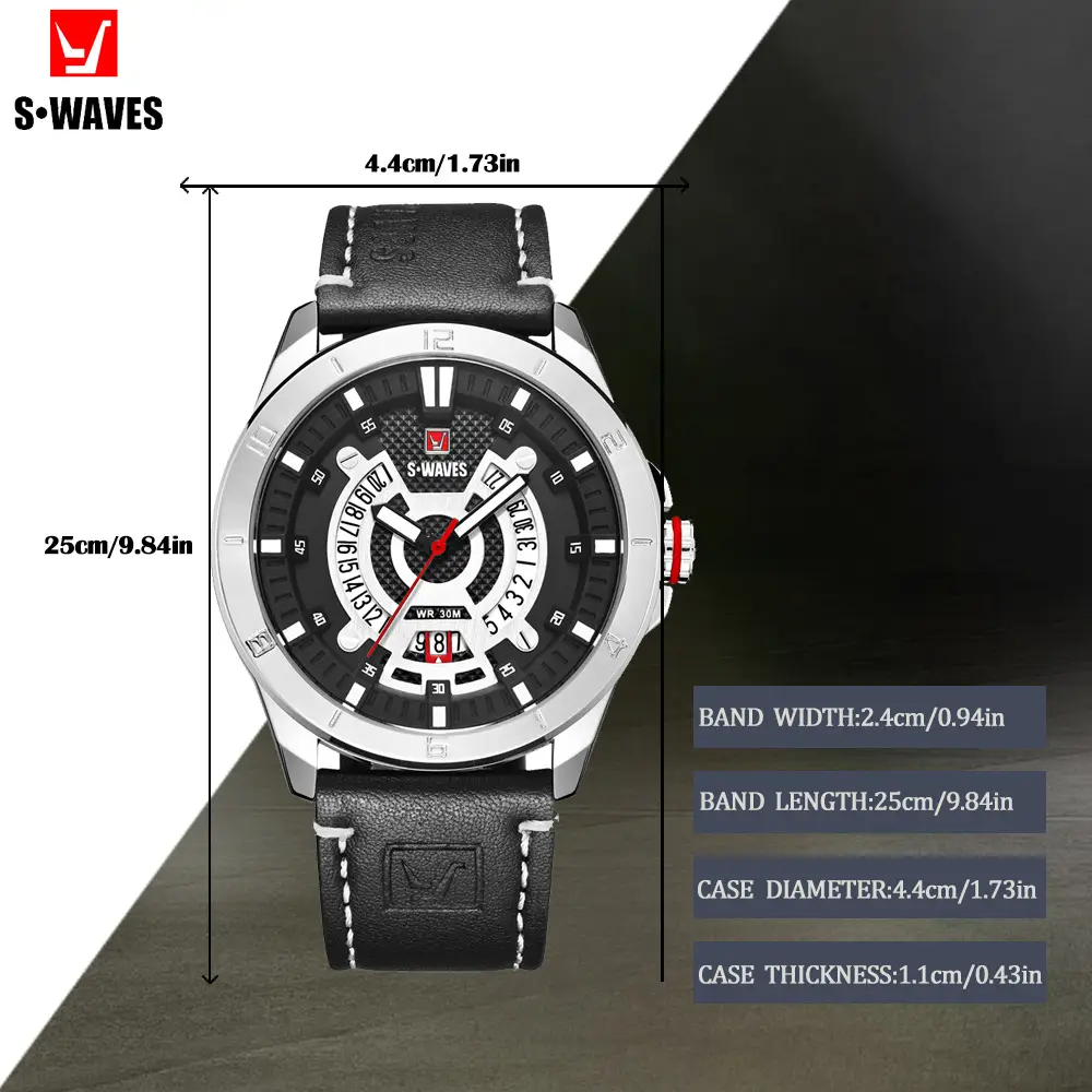 S-Waves Men's Waterproof Cross-Border Watch Brown Leather Belt — feature 3