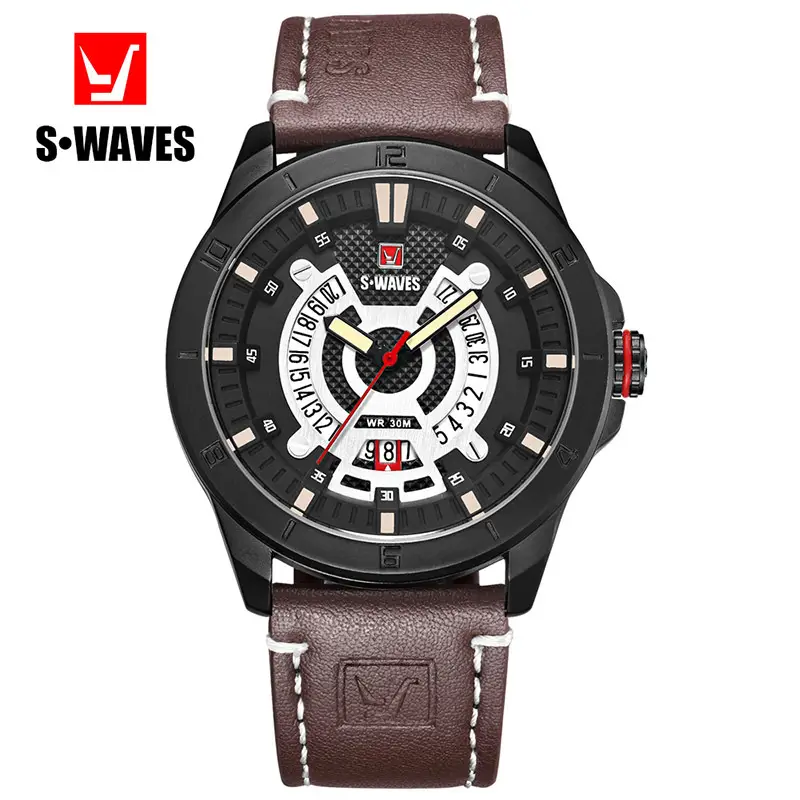 S-Waves Men's Waterproof Cross-Border Watch Brown Leather Belt — feature 7