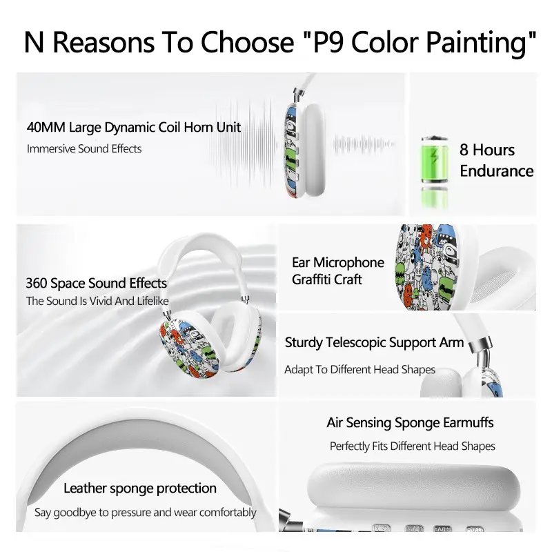 P9 Graffiti Headphones Wireless Bluetooth Gaming Music Mobile - Image 8