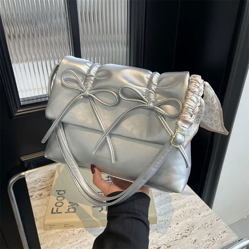 Silver Bow Crossbody Bag for Women Large Capacity - Image 2