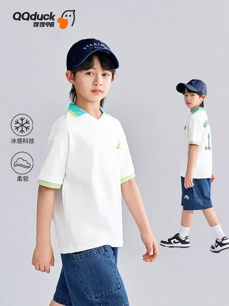 QQduck Boys Short Sleeve T-Shirt White Green Cap - Image 3