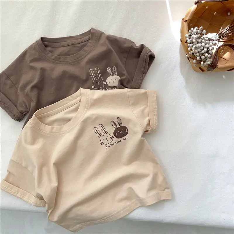Kids Cotton Short Sleeve T-Shirt with Rabbit Print