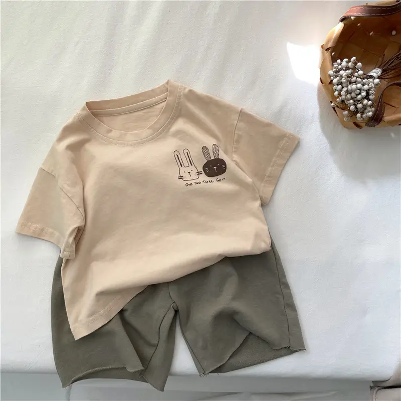 Kids Cotton Short Sleeve T-Shirt with Rabbit Print