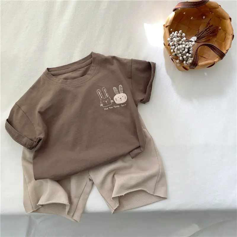 Kids Cotton Short Sleeve T-Shirt with Rabbit Print
