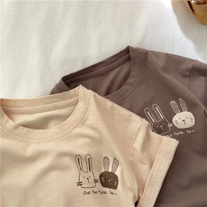 Kids Cotton Short Sleeve T-Shirt with Rabbit Print — feature 20