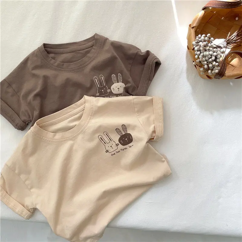 Kids Cotton Short Sleeve T-Shirt with Rabbit Print — feature 23