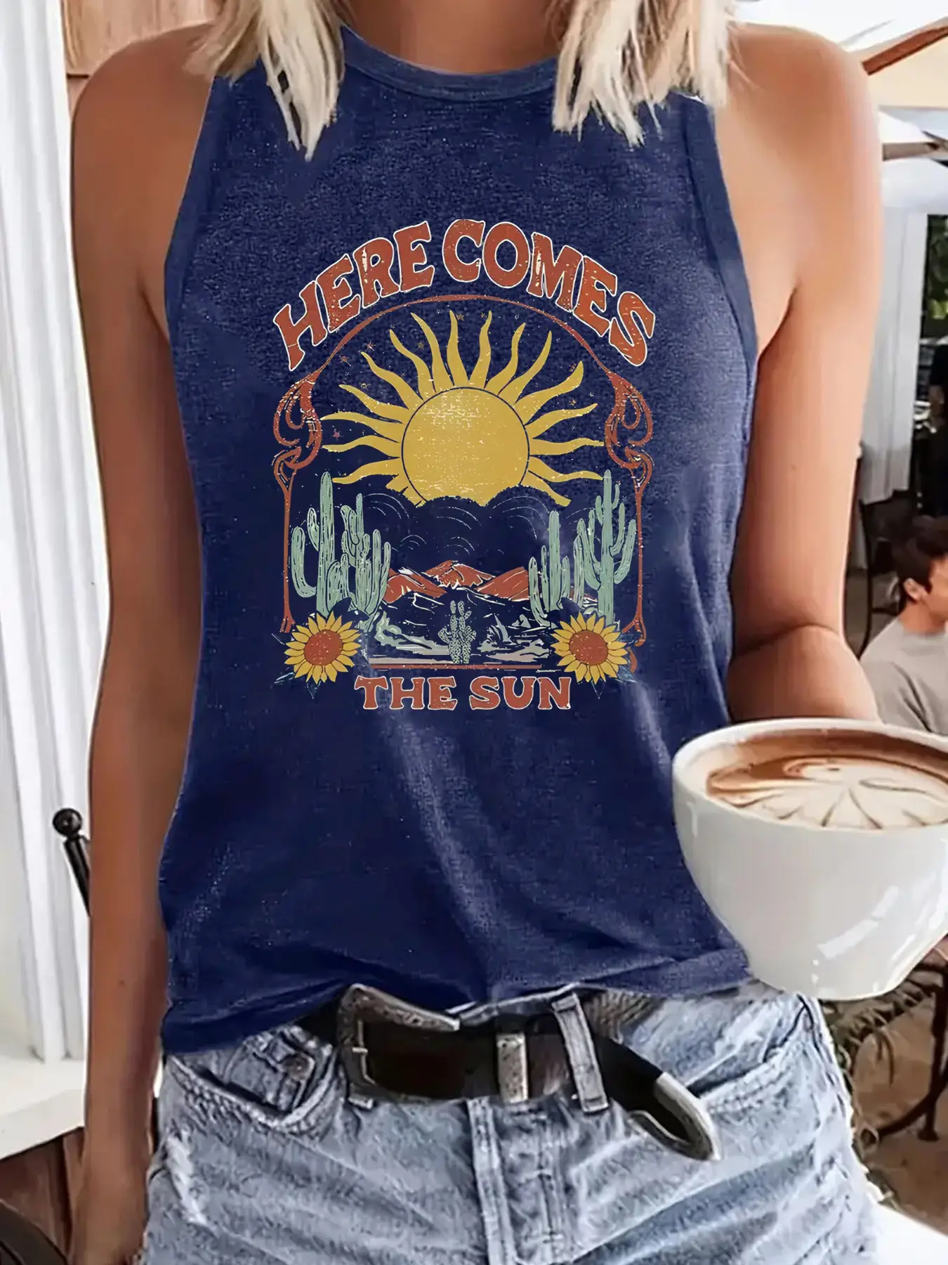 Women Sun Print Sleeveless Vest Spring Summer Casual T-Shirt - Image 4