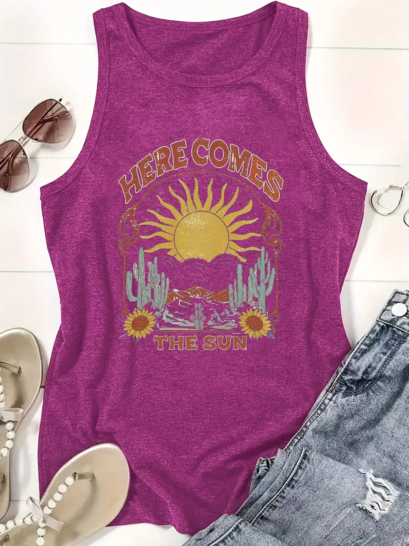 Women Sun Print Sleeveless Vest Spring Summer Casual T-Shirt - Image 7