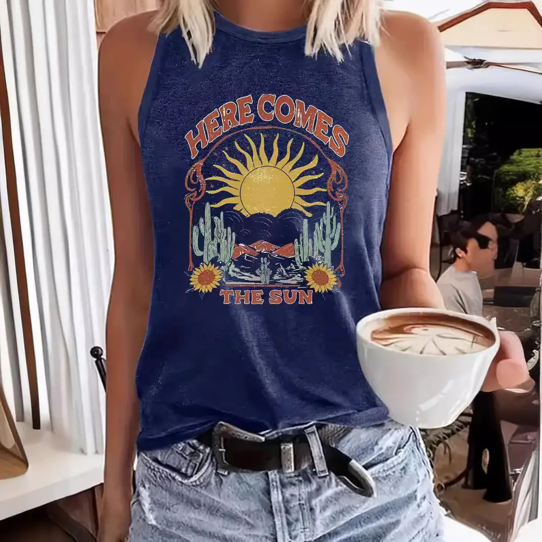 Women Sun Print Sleeveless Vest Spring Summer Casual T-Shirt - Image 3