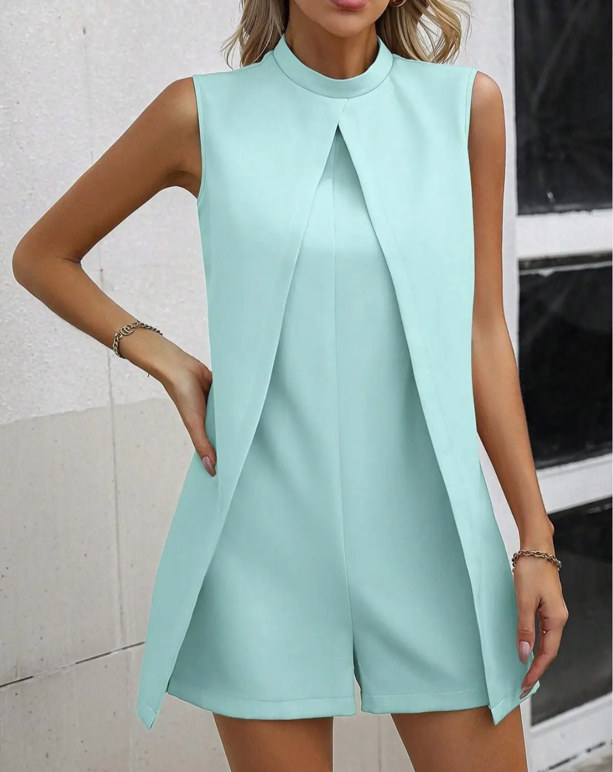 Light Blue Sleeveless Crossbody Dress with Collar — feature 8