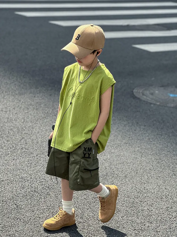 Kids Sleeveless T-Shirt Green Camo Shorts Set - Image 15