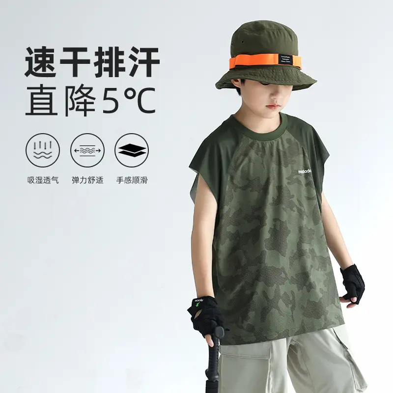Kids Sleeveless T-Shirt Green Camo Shorts Set - Image 10