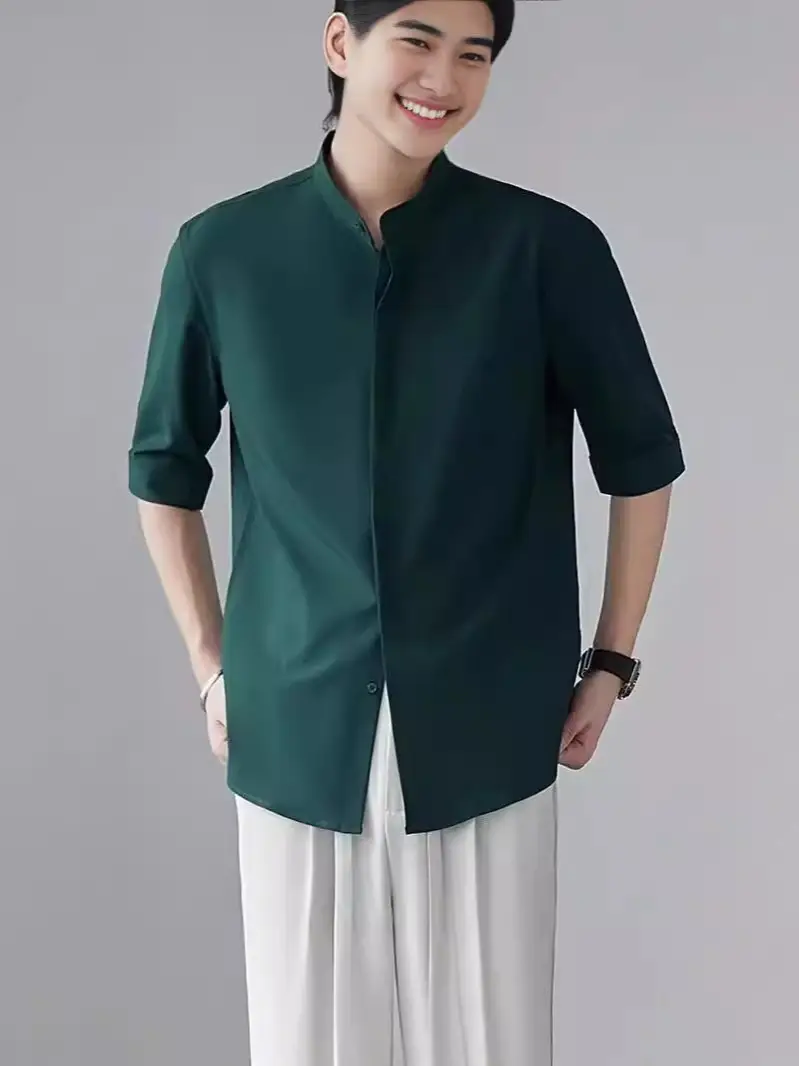 Men's White Collar Shirt with Short Sleeve Ice Silk - Image 5