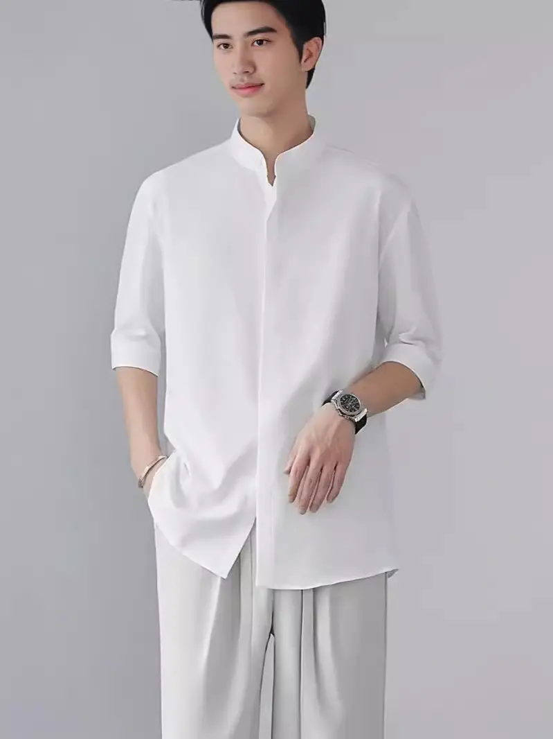 Men's White Collar Shirt with Short Sleeve Ice Silk - Image 6
