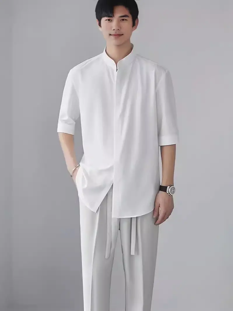 Men's White Collar Shirt with Short Sleeve Ice Silk - Image 7