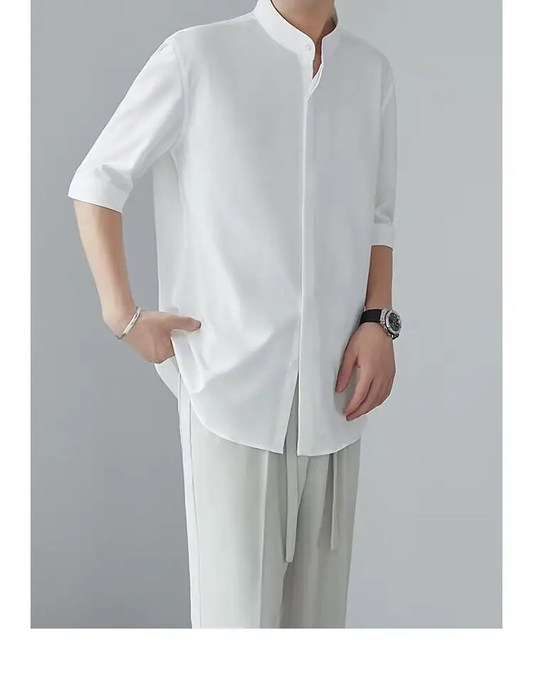 Men's White Collar Shirt with Short Sleeve Ice Silk — feature 13