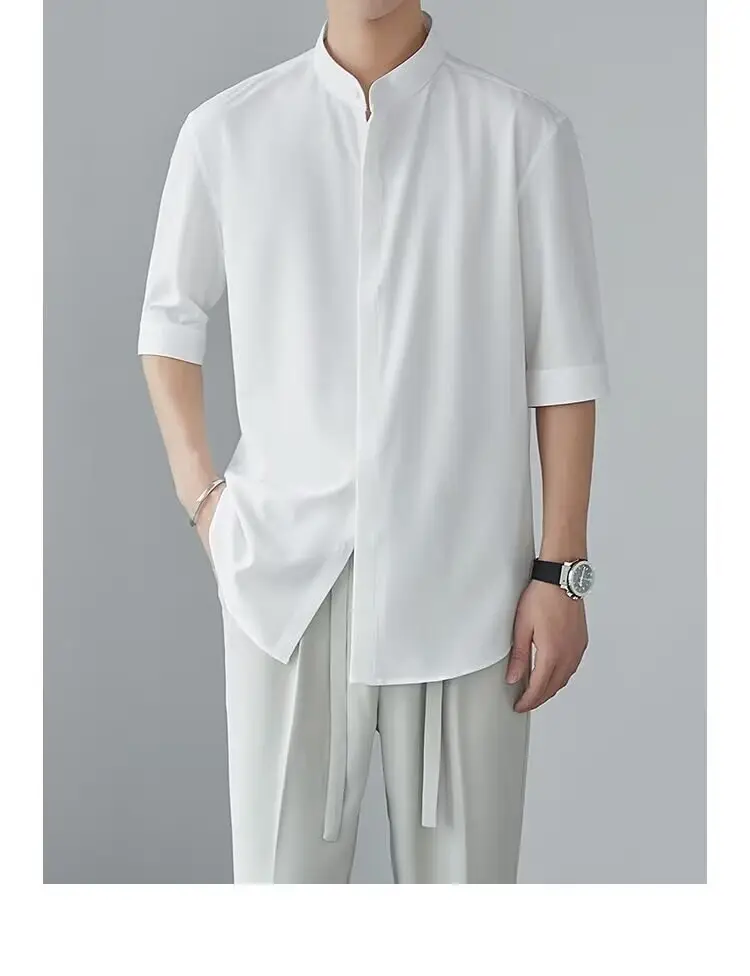 Men's White Collar Shirt with Short Sleeve Ice Silk — feature 14